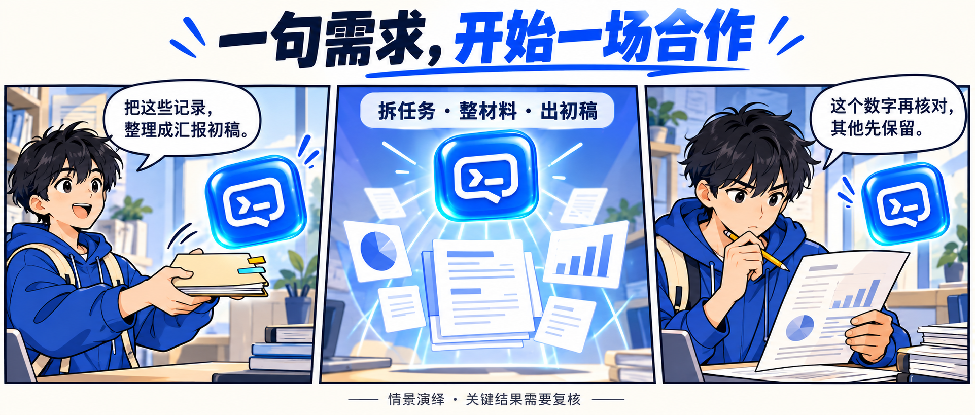 校园漫画：拆任务、整材料、出初稿，由用户复核