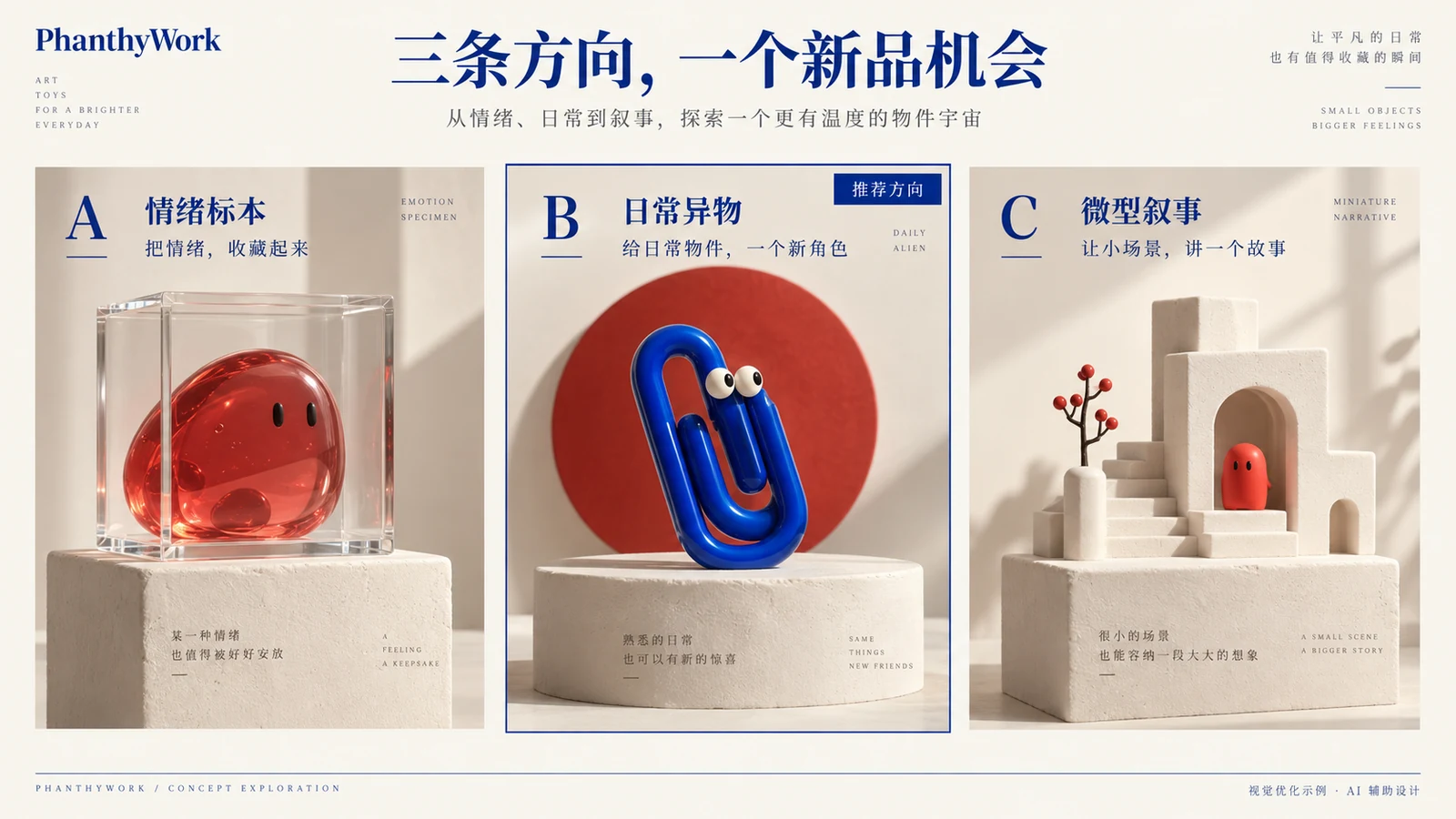 情绪标本、日常异物、微型叙事三条产品方向的视觉优化示例