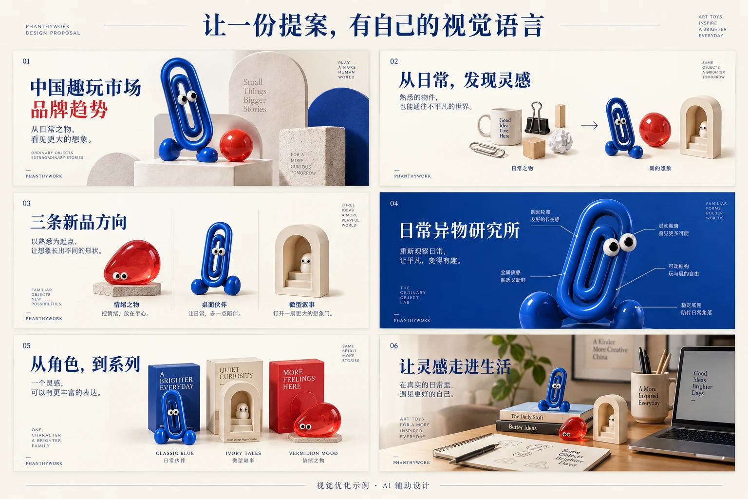 基于专家方案延展的六页视觉设计示例，含封面、概念、角色、包装与使用场景